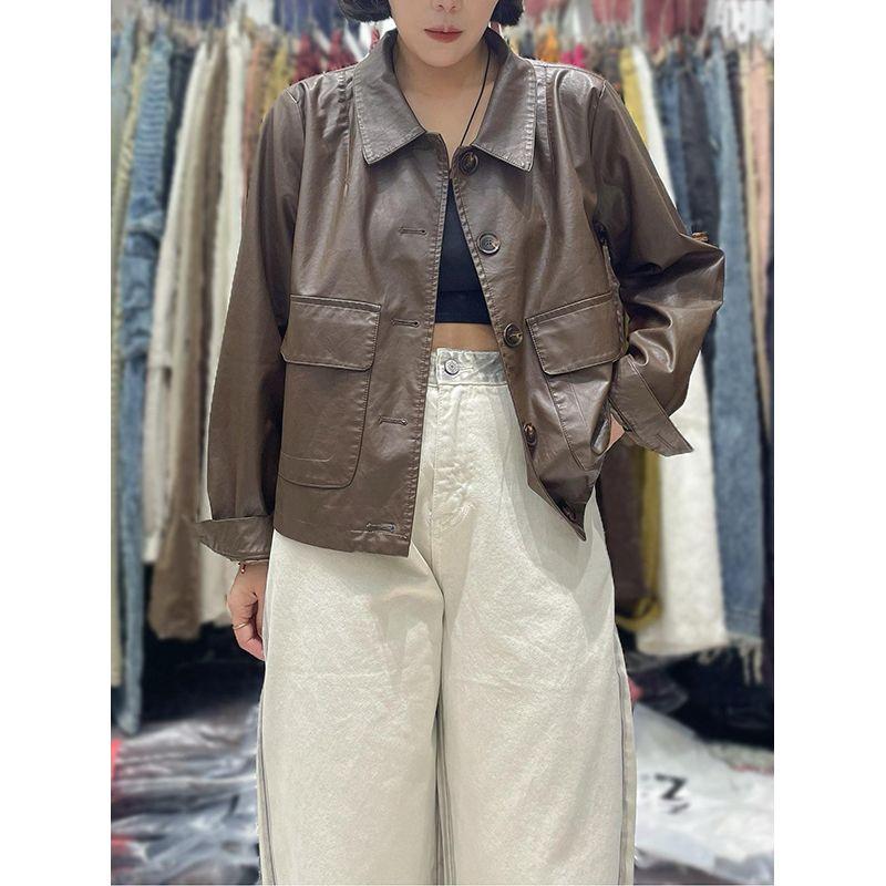 

[Корейские товары] Мягкая протеиновая кожа! Женское пальто-жакет из искусственной кожи с лацканами, длинными рукавами и застежкой на пуговицы Coffee F