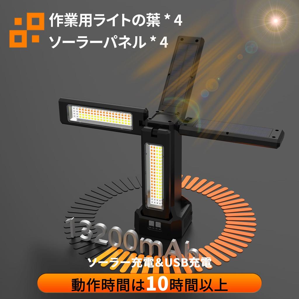 Floodlight LED Work Light 8000lm Brightness USB Rechargeable Solar Charging 4 Lighting Modes 3 Color Switching Daylight Warm White Bulb Color Magnetic