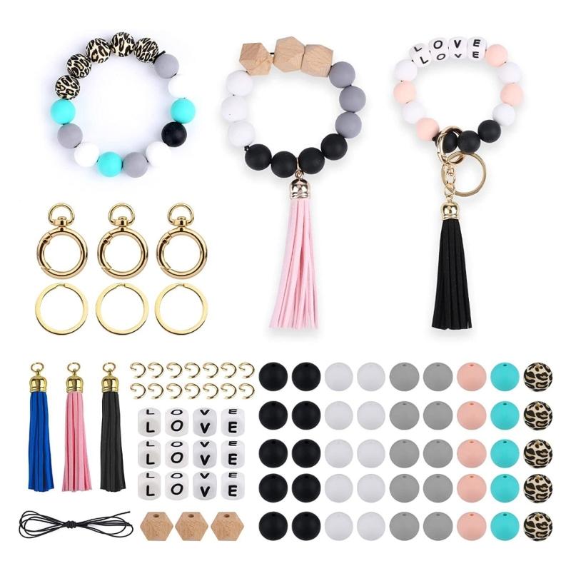 84PCS Silicone Beads Making Kits Keychain Accessories Bead with Elastic Rope Beaded Tassels Bead DIY Keychains Materials