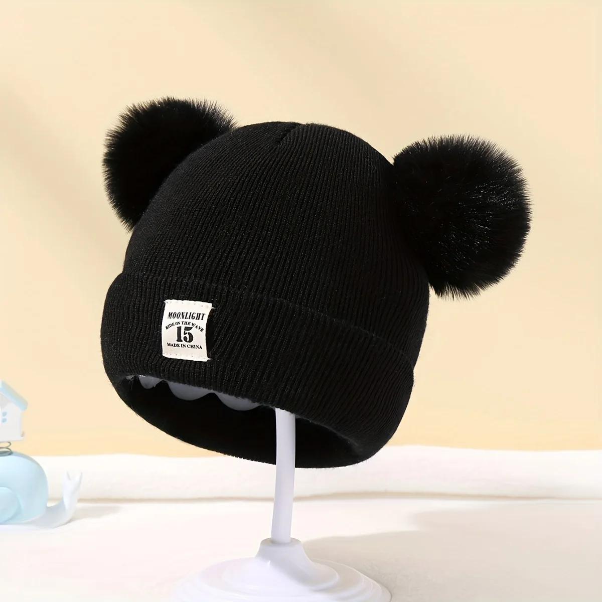Bonnet tricoté en laine de couleur unie pour bébé, chapeau pour nouveau-né, pompon, mignon, chapeau d'hiver pour enfants, garçons et filles, Bonnet chaud pour enfants de 0 à 3 ans 0-3years old noir