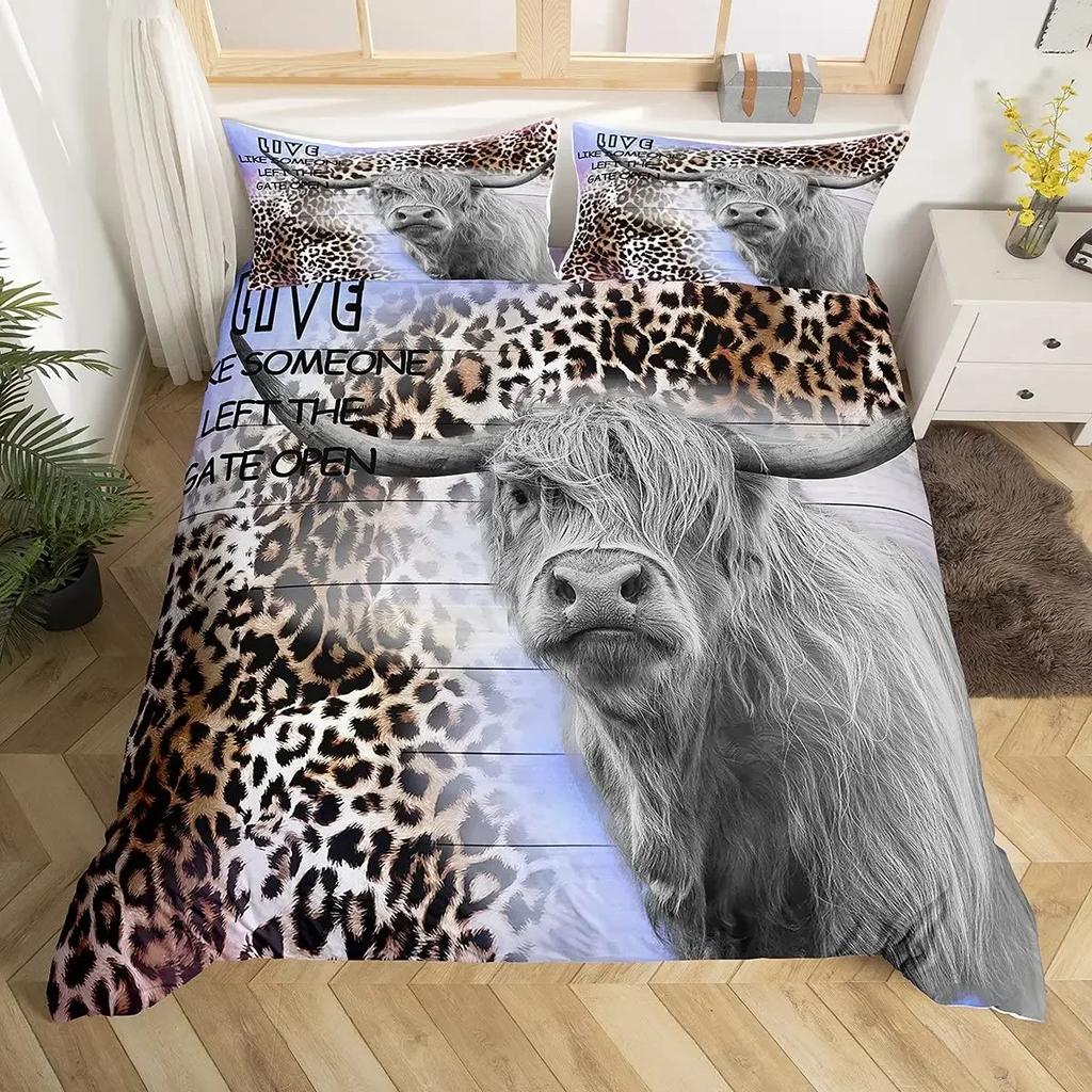 Highland Cattle Cute Floral Cow Yellow Sunflower Comfortable Duvet Quilt Cover Pillowcase Bedding Set Children Home Textile
