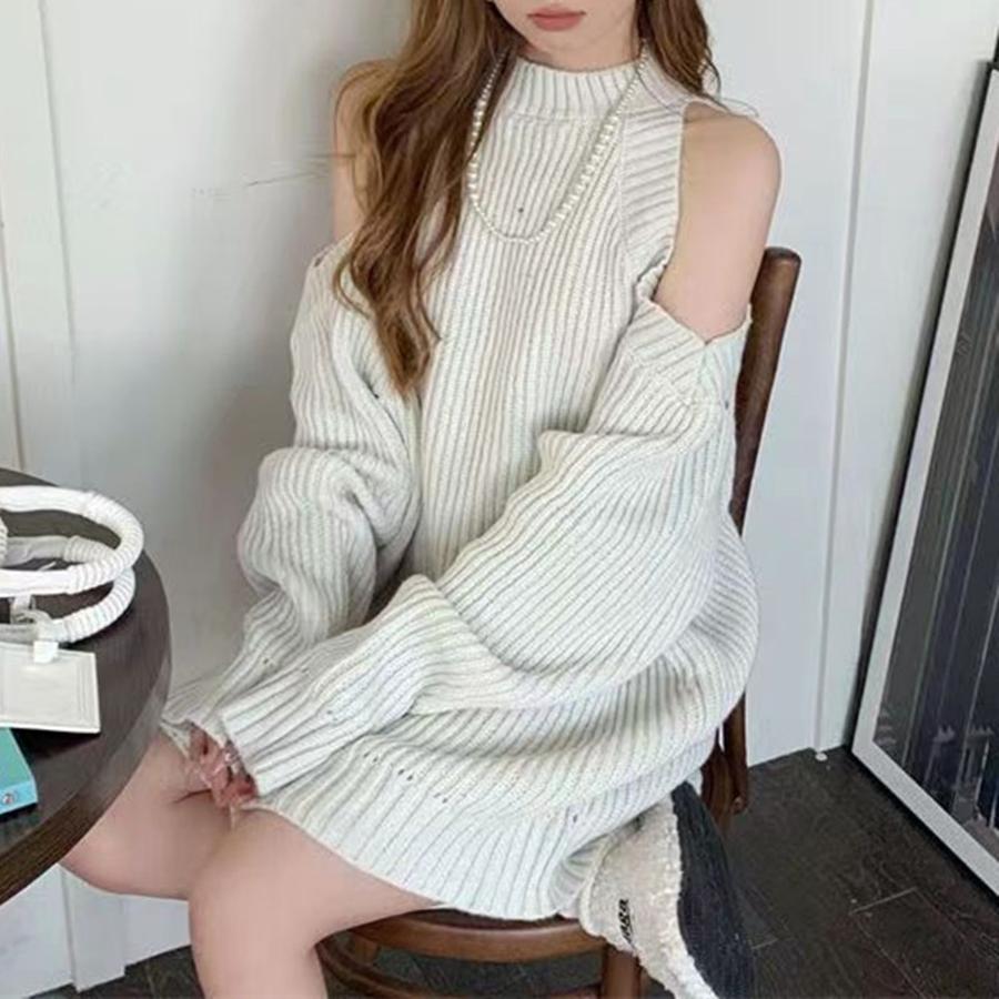 Oversized Ribbed Knit Sweater for Women - Korean Style, Lazy Style, Hole Cutout, Long Sleeve
