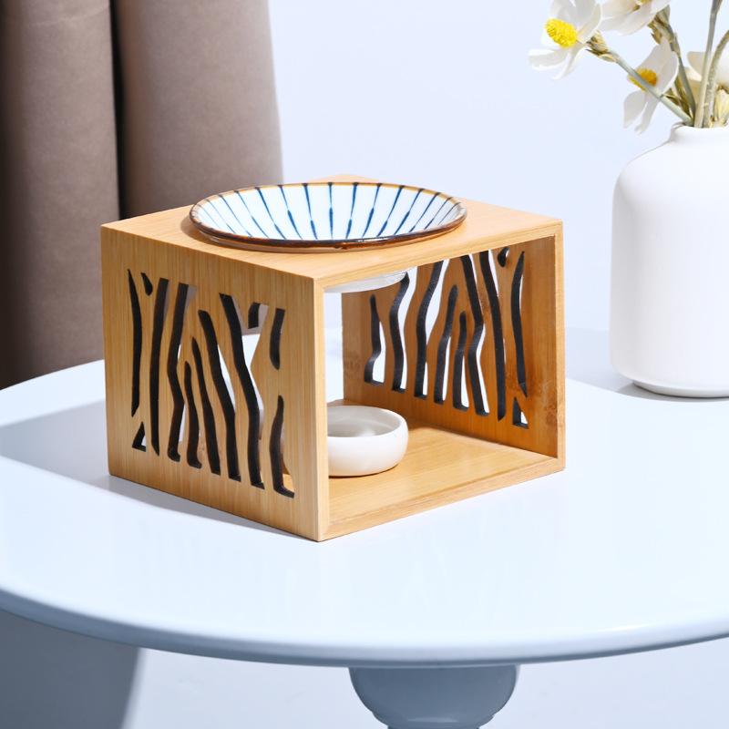 Bamboo Ceramic Essential Oil Burner, Aromatherapy Wax Melt Warmer with Tealight Holder, Home Fragrance Diffuser