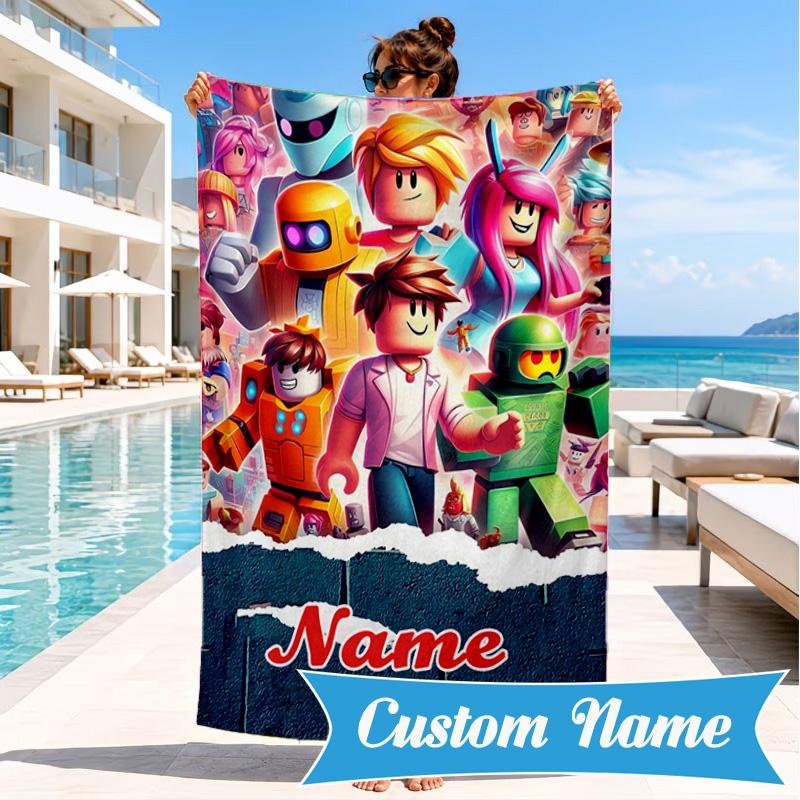 Custom Name Ro-blox Adventure Quests Beach Towel Microfiber Beach Towel, Lightweight and Quick-Dry, for Summer Travel, Swimming Pool Gift