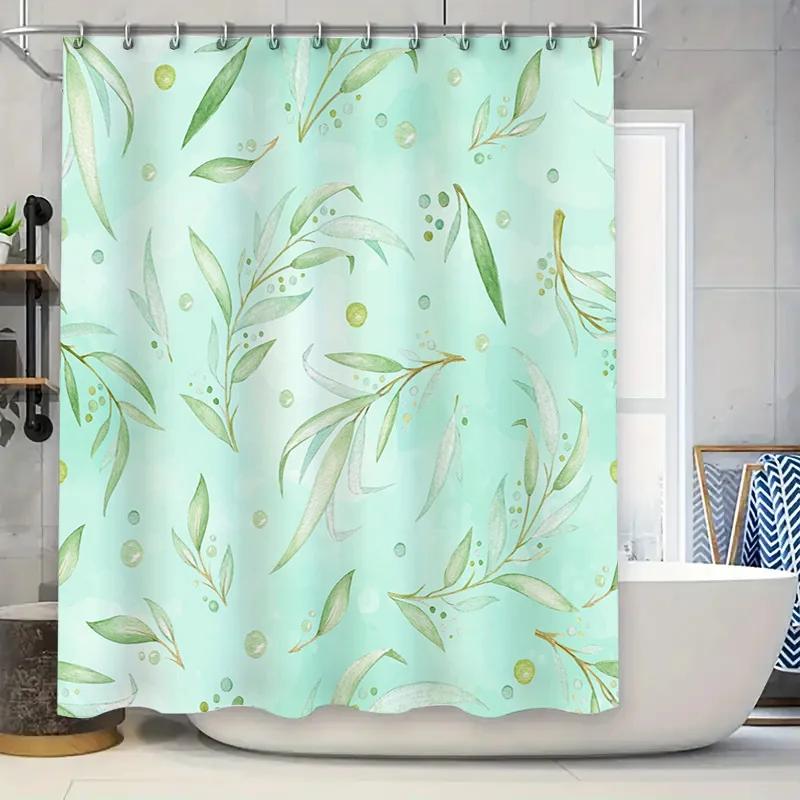 Watercolor Leaf Shower CurtainGreen Floral Pattern for Bathroom Decor Waterproof Fabric Shrinkproof Liner Mint Green Color