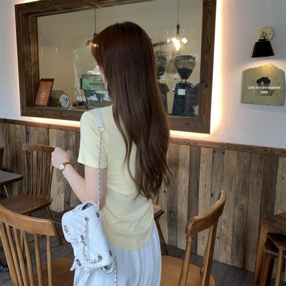 Spring/Summer Korean Style Slimming V-Neck Pleated Short Sleeve T-Shirt