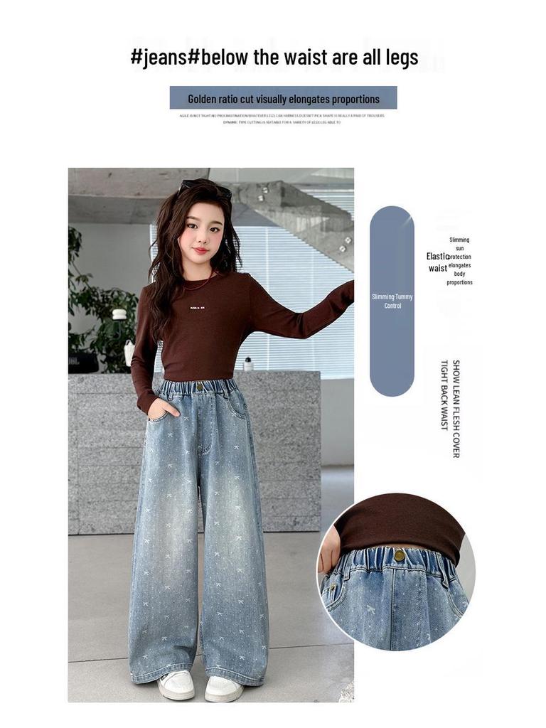 Meisjes Lente 2026 Wijde Pijp Jeans met Strik