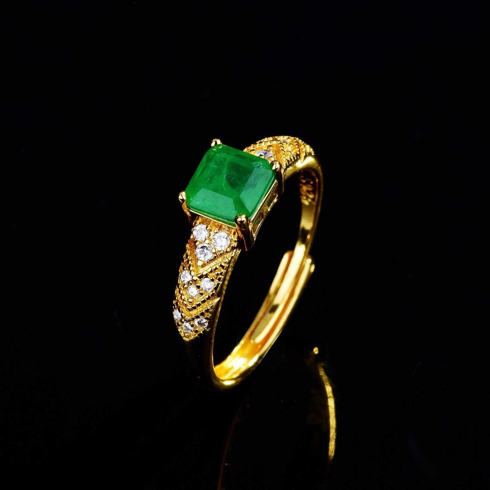 Open Ring Square Asscher Cut Emerald Imitation with Inclusions Fashion Jewelry for Women adjustable