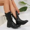 Mid-tube Boots Women's Autumn and Winter New Round Toe Soft Leather Soft Sole Side Zipper Non-slip Block Heel Boots