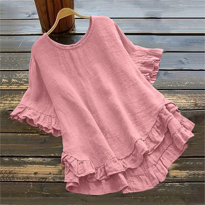 Loose Ruffled Short-Sleeve Top Solid Loose Ruffle Sleeve Short Sleeve Button Top