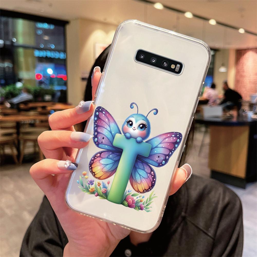 For Samsung Galaxy S10 Plus S10+ S10e Silicone Cover Transparent Clear Samsung s10 Cute Blue Butterfly Flower Letters Phone Case