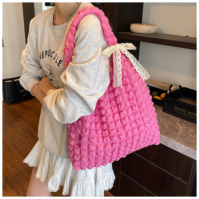 {MX} Cute Soft Polyster Pleated Cloud Bag Large Capacity Shoulder Bag Shopping Handbags Fashion Girls Tote Pouch