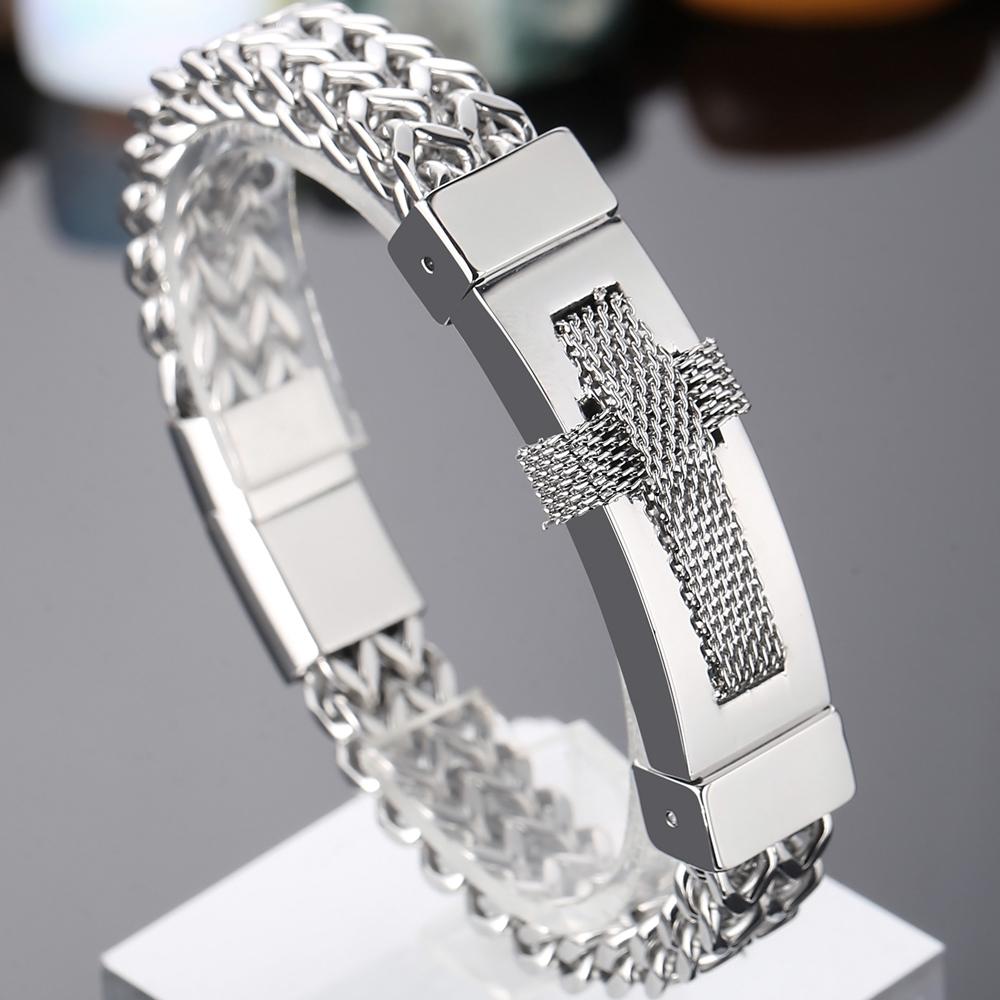 

Християнський хрестовий браслет для чоловіків золотого кольору з нержавіючої сталі 316L Чоловічі наручні браслети на руку Чоловічі ювелірні аксесуари 22CM срібний