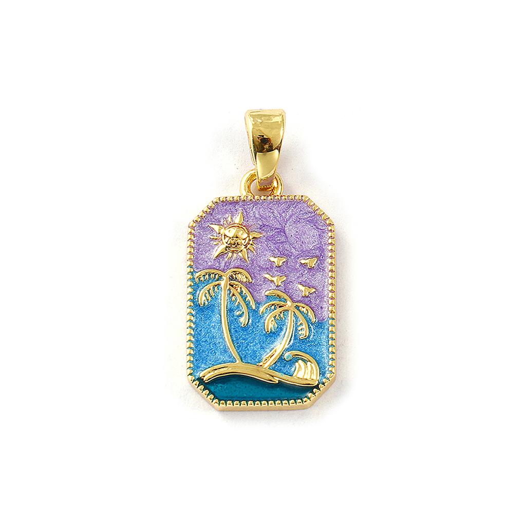 2Pcs Brass Pendants 18K Gold Plated Enamel Octagon Pearlescent Sun Coconut Tree Conch Tulip Pendants Necklace DIY 3cm X 1.4cm