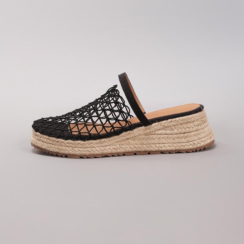 Hemp rope slope heel platform sandals women's mesh hollow breathable casual flat bottom cool slippers daily fashion breathable mesh