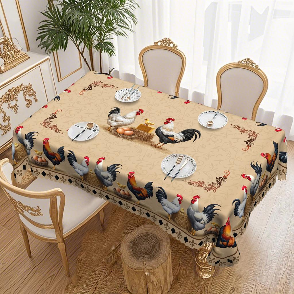 Pastoral Round Table Tablecloth, Egg Hen Print Waterproof And Oil-Proof Leave-In Household Dining Table Cloth, European Retro