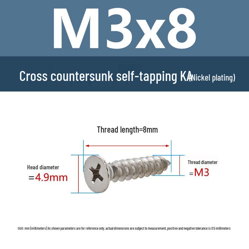 YiguYigu Nickel-Plated Phillips Flat Head Self-Tapping Screws M1-M5, Carbon Steel