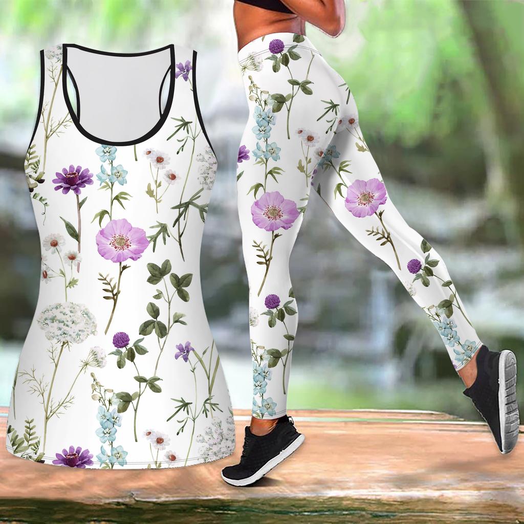 A Simple and Elegant Flower Print Yoga Outfit for Women Fashion Workout Leggings Fitness Sports Casual Yoga Set Sports Suit