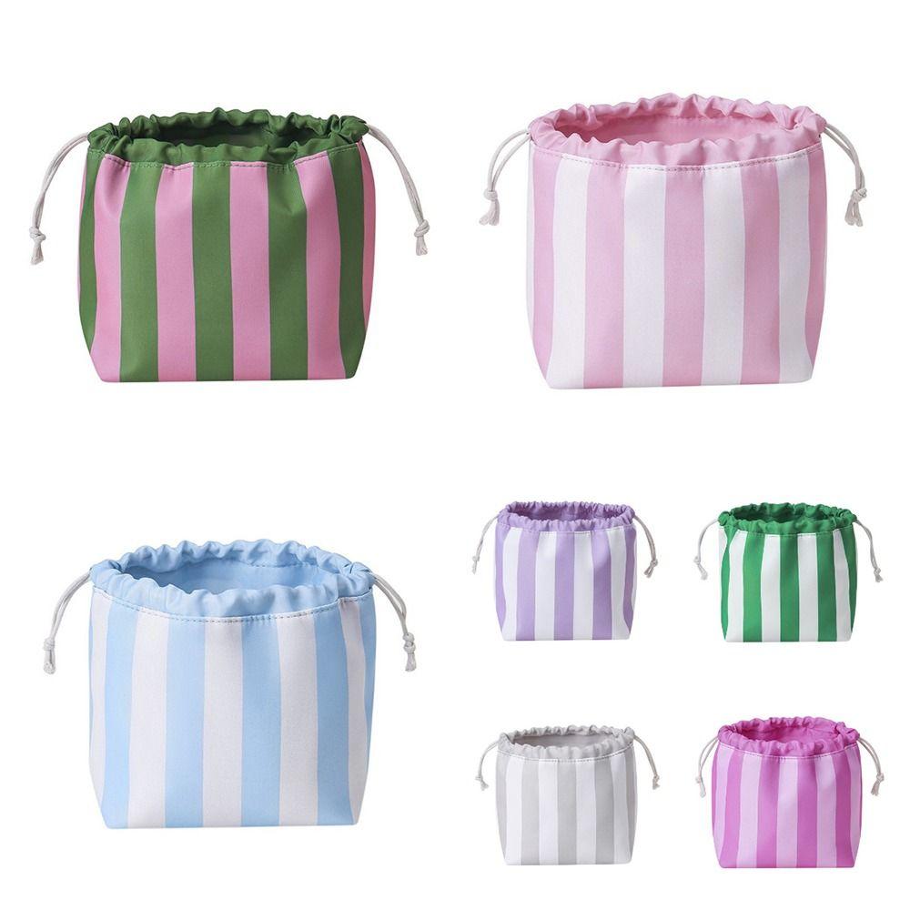 Large Capacity Drawstring Cosmetic Bag Portable Striped Cosmetic Organizer Female
