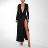 Autumn Sexy Deep V Long Sleeve Dress - European/American Style Solid Color Slim Fit Slit Evening Gown