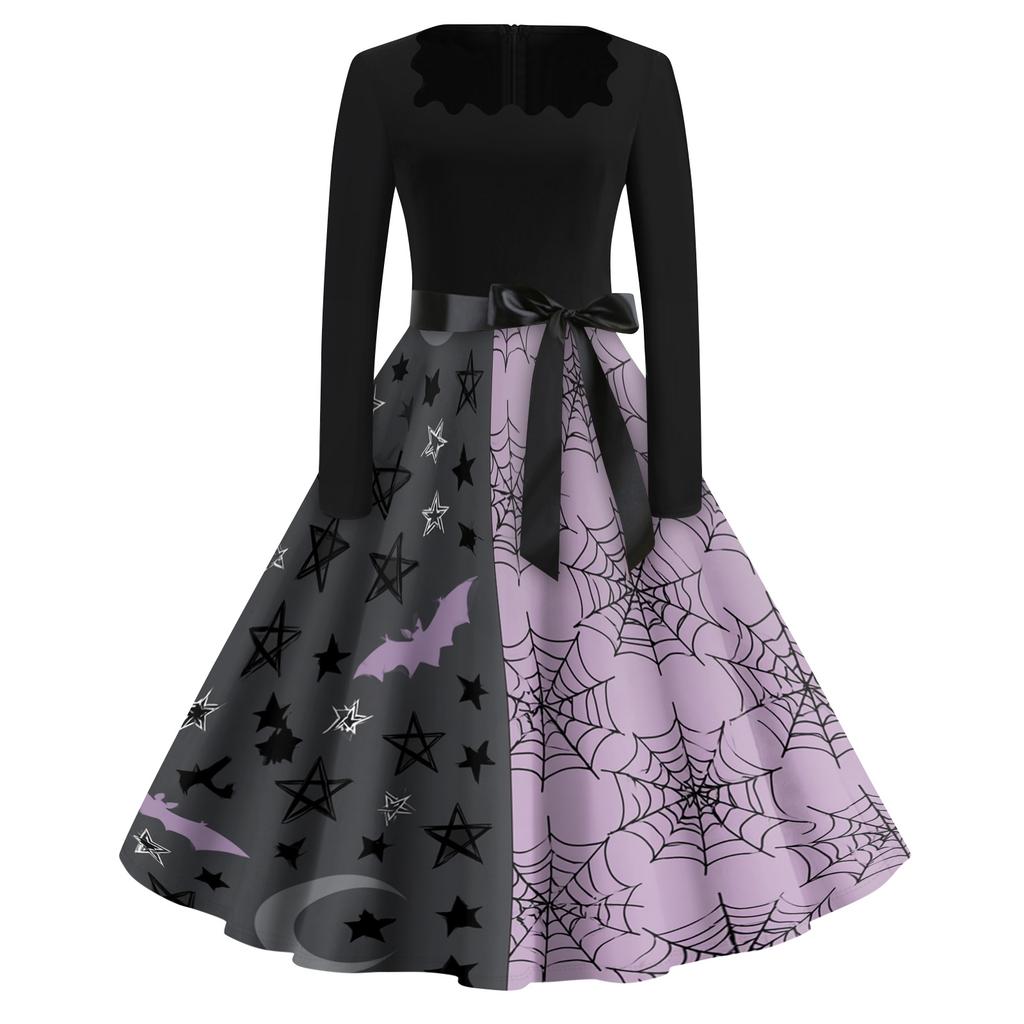 Women's Square Neck Retro Dress with Halloween Print for Casual Parties and Festive Occasions