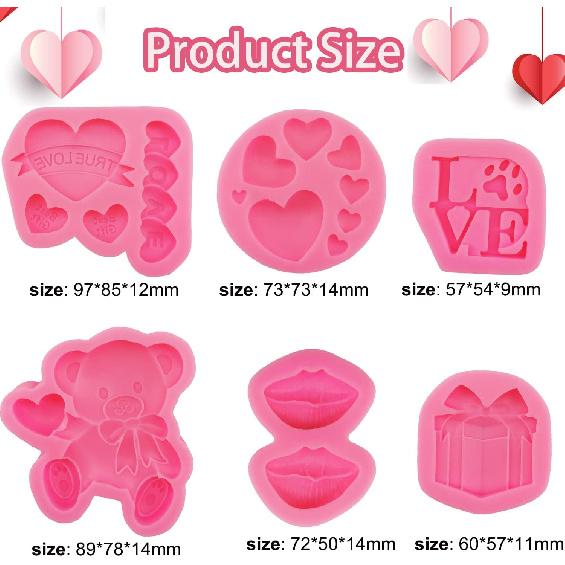 6 Pcs Valentine's Day Fondant Molds Wedding Fondant Cake Molds Bear Heart Love Lips Gift Shape Candy Silicone Molds Chocolate Mould for Cake Topper