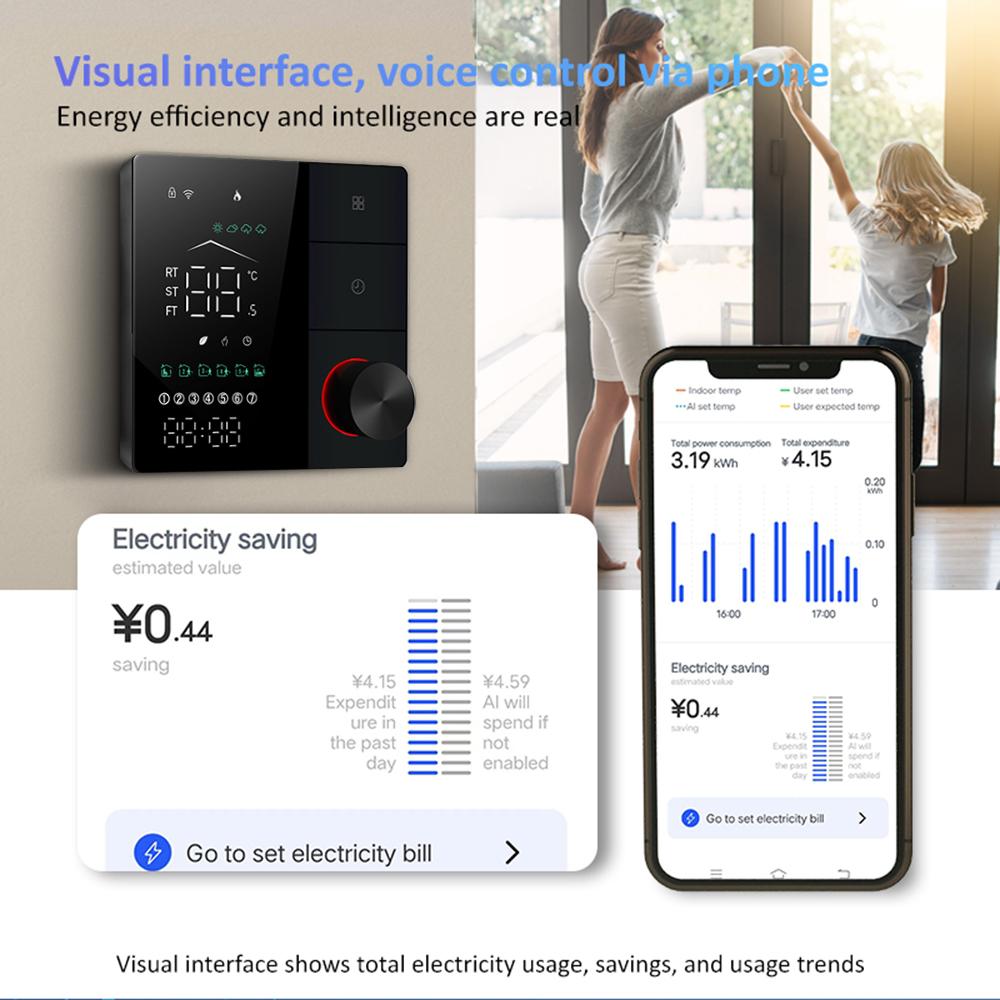 

Smart Thermostat for House Electric Floor Heating WiFi AC thermostat with AI Smart Learning APP Control LED Digital White
