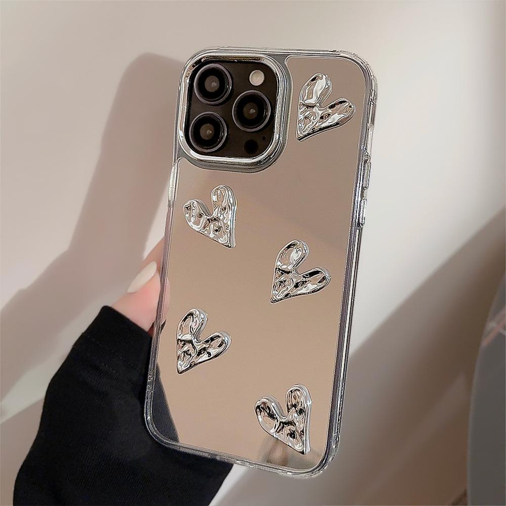 3D Electroplated Heart 13 Case for iPhone 17/15 Pro Max, Mirror Surface iPhone 16, High-end 14 Hard Case