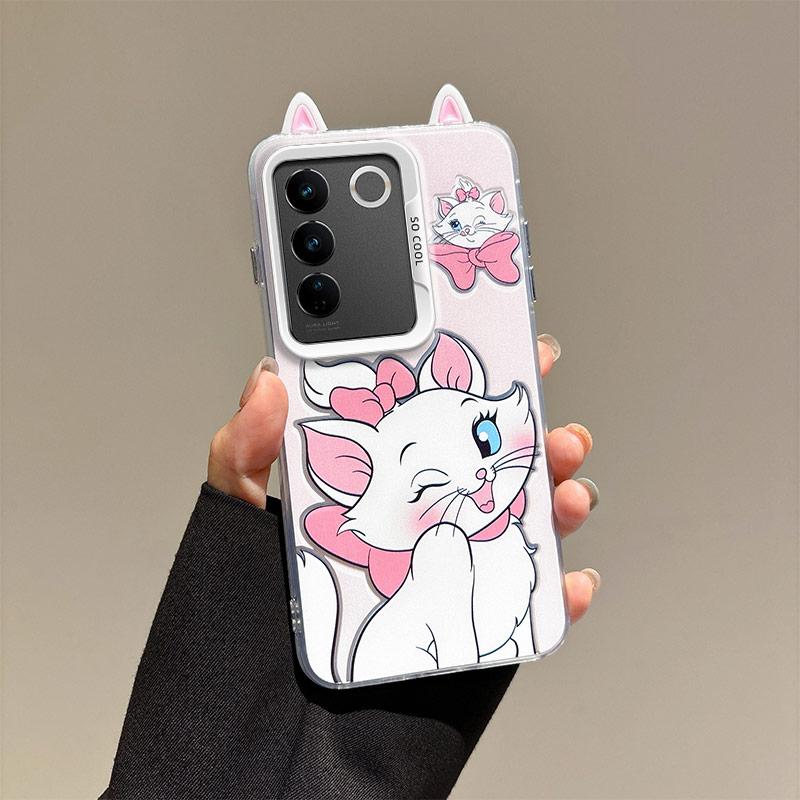 KEYSION Cute Ear Cartoon Case for VIVO Y100 5G with Lanyard Soft Silicone+PC Shockproof Phone Back Cover for VIVO Y100