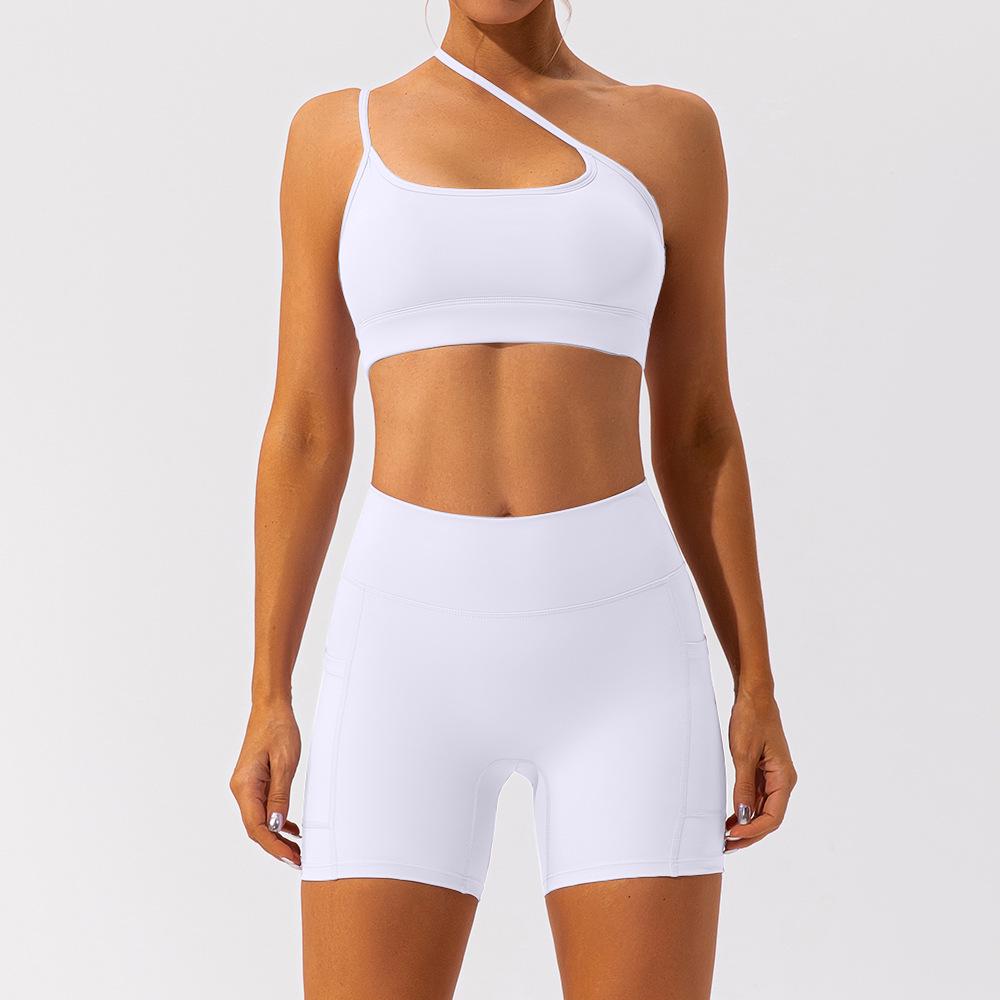 

Быстросохнущие шорты для йоги с высокой талией и спортивный топ на одно плечо для женщин M белый/слоновая кость