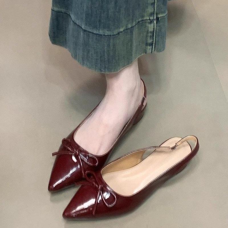 Fashion Design Big Butterfly Knot Women Flat Mules Sandals High Quality Cozy Patent Leather Pointed Toe Back Strap Shoes