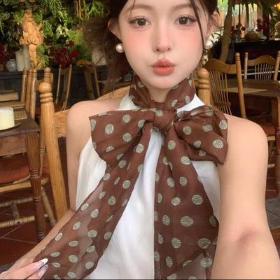 2025 Korean Style Silk Polka Dot Scarf Ribbon Neck Tie and Waist Belt for Women