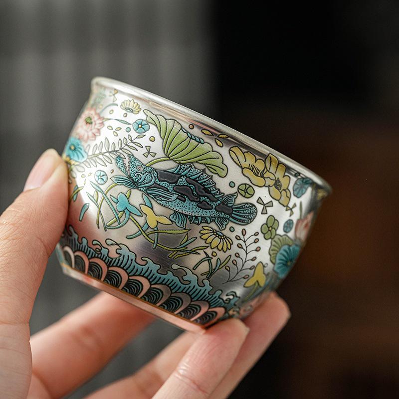 Silver-Plated Ceramic Master Tea Cup for Single-Serve Gongfu Tea Tasting.
