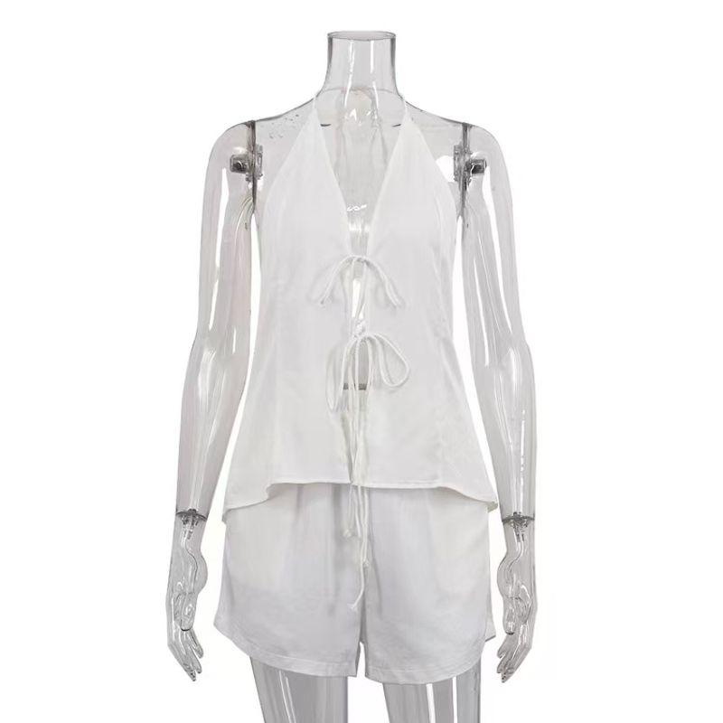 

Western Style Sexy Backless Halter Top Shorts Two-Piece Sexy Lace up Vest Shorts Set White L