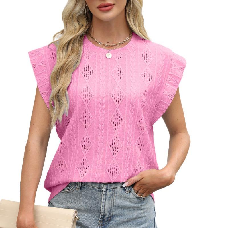 Spring Summer Round Neck Loose Short Sleeved T-shirt Jacquard Top Vest for Women Shirt