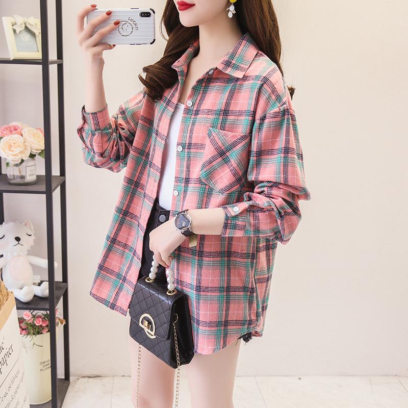 Autumn Plaid Shirts Womens Blouses And Long Sleeve Loose Checked Female Clothes