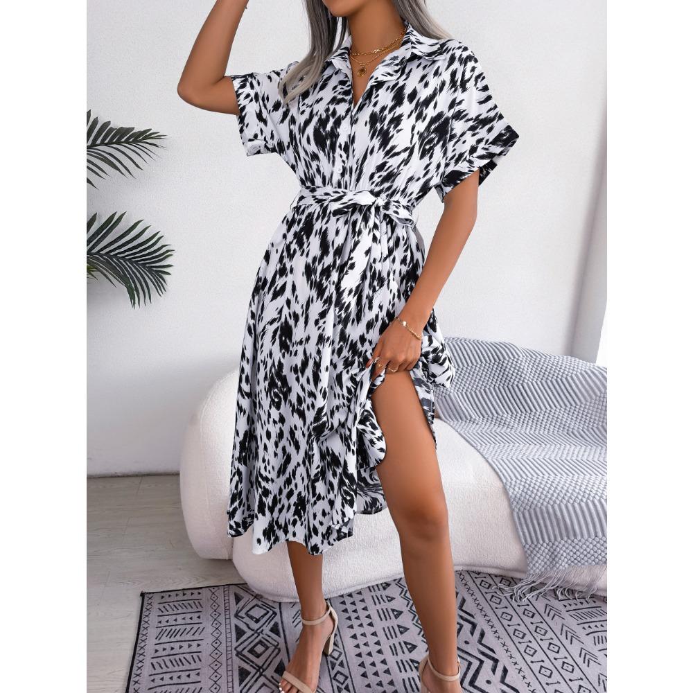 Frühlings- und Sommer-Freizeitkleid mit Leopardenmuster zum Binden für Damen, lockeres Peplum-Freizeitkleid