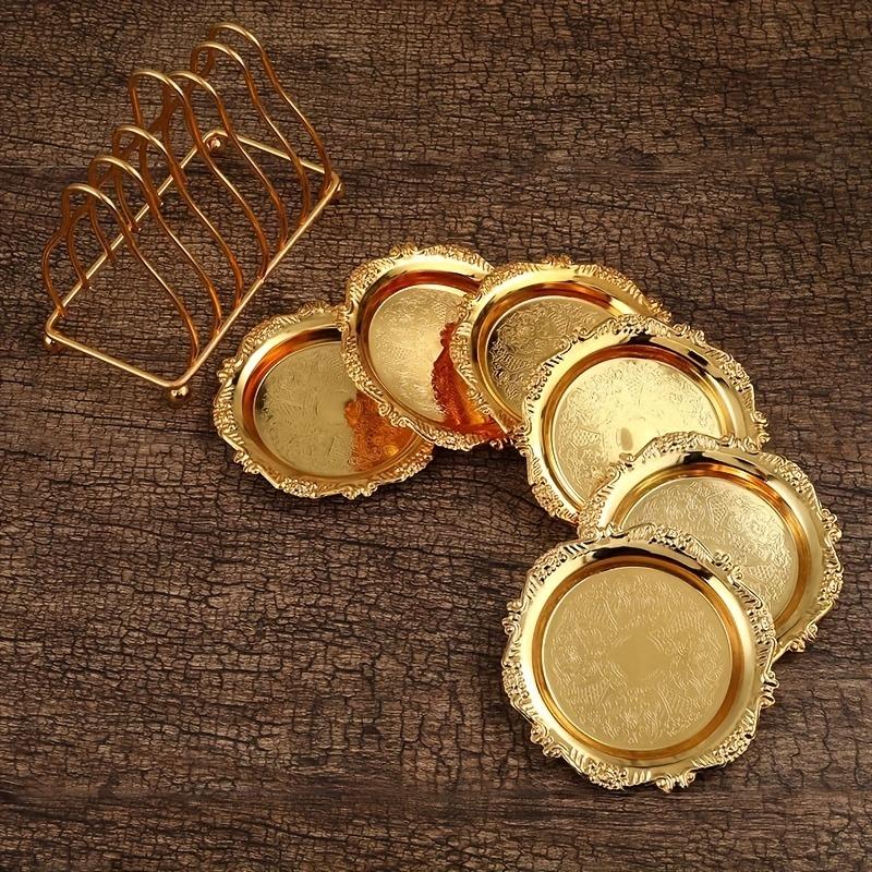 7pcs Vintage Embossed Rose Tray Creative Cup Holder Metal Snack Plate Dinnerware Sets Coffee Table Decorative Candlestick Trays