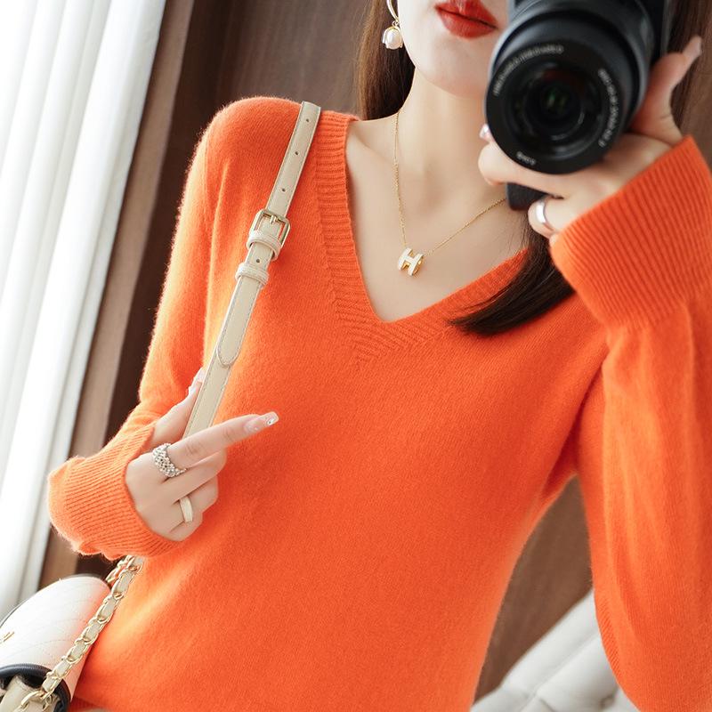 Korean Style V-Neck Long Sleeve Knitted Sweater for Women - Autumn/Winter Solid Color Loose Fit Pullover Top