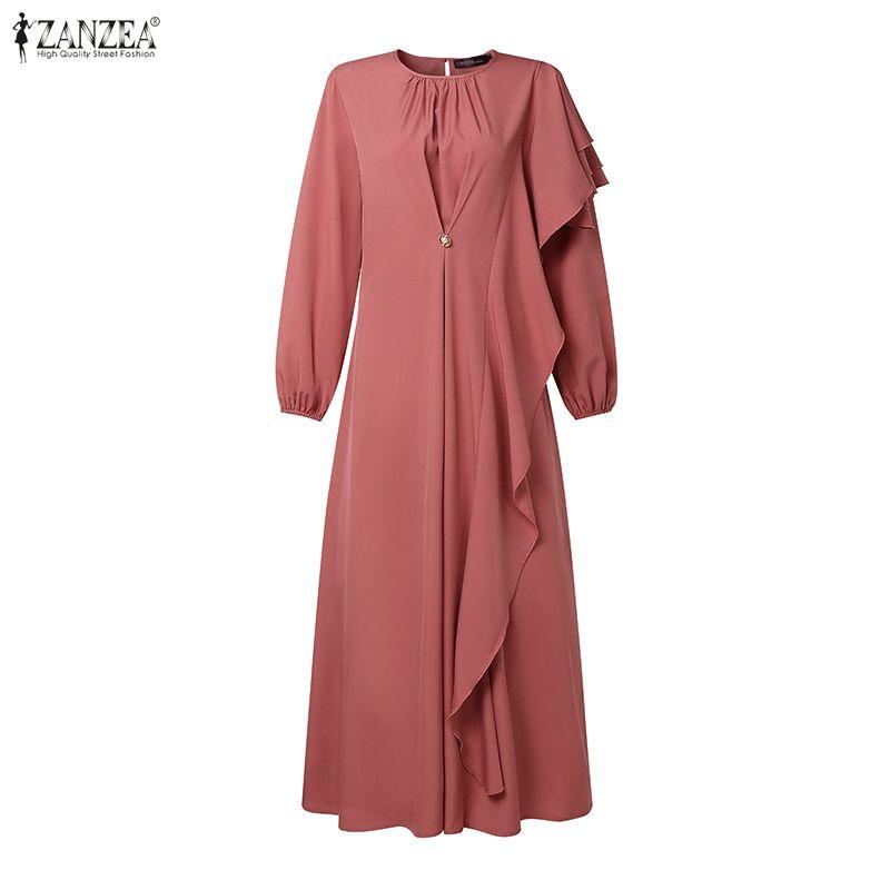 ZANZEA Women Casual Round Neck Long Sleeve Loose Ruffles Splice Long Dress