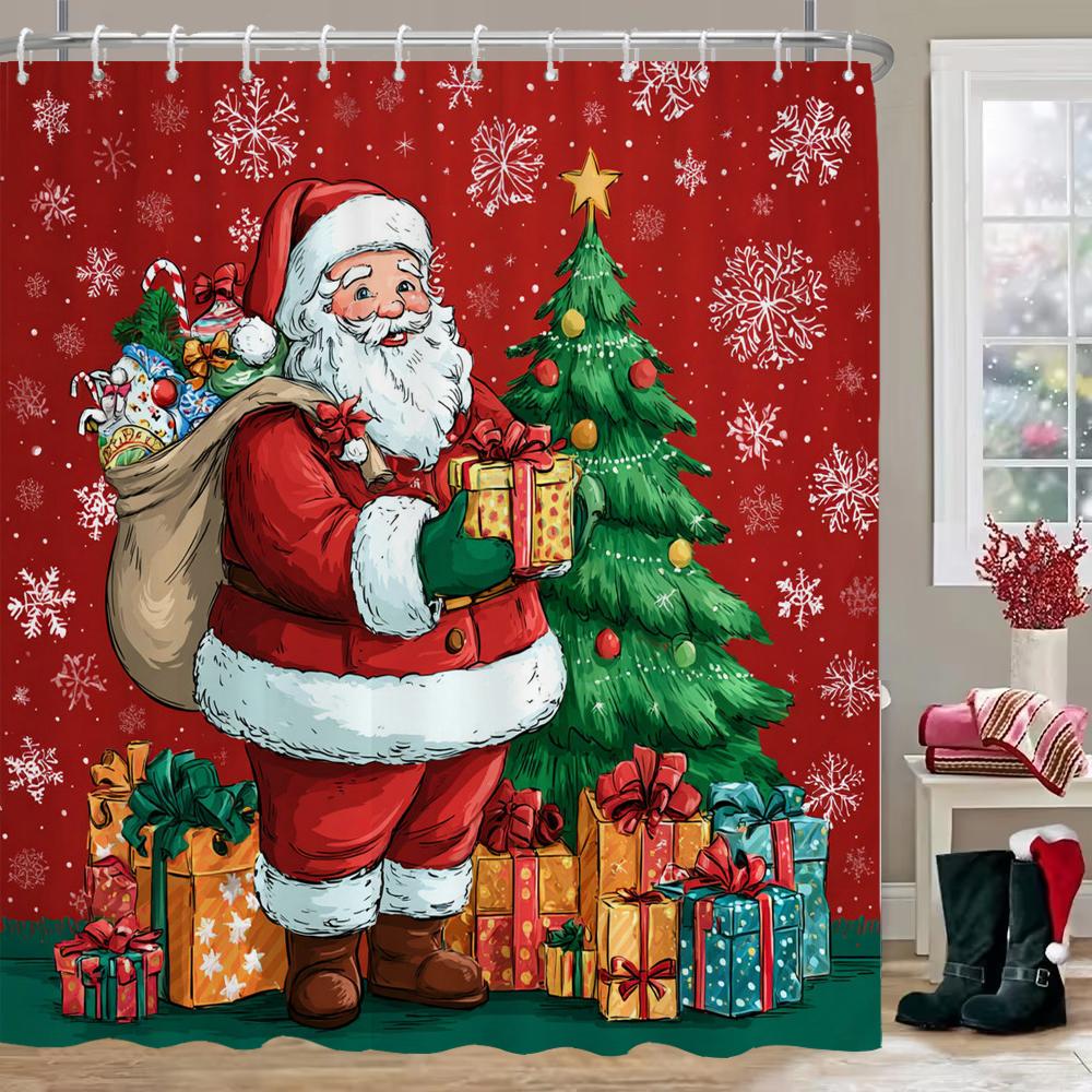 

Christmas Snowman Shower Curtain With Hooks Snowman Home Bathroom Decorations Santa Xmas Moon Bathtub Curtain Set with 90x180cm-35x70in