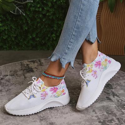 Mode Mode Femmes Imprimé Baskets à Plateforme Printemps Automne Tricot Maille Chaussures de Tennis Femme Légères Antidérapantes Chaussures de Marche Décontractées