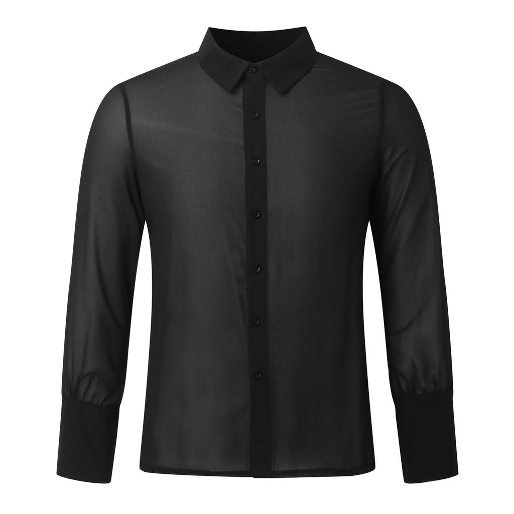 Summer Lapel Top Men's Black Thin Breathable Long Sleeve See-through Shirt