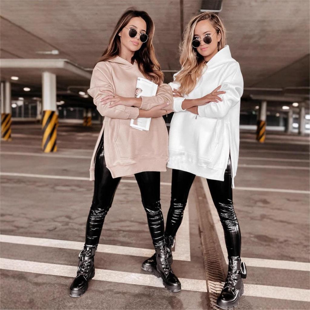 2024 Autumn/Winter Women's Solid Color Hooded Sweatshirt with Slit