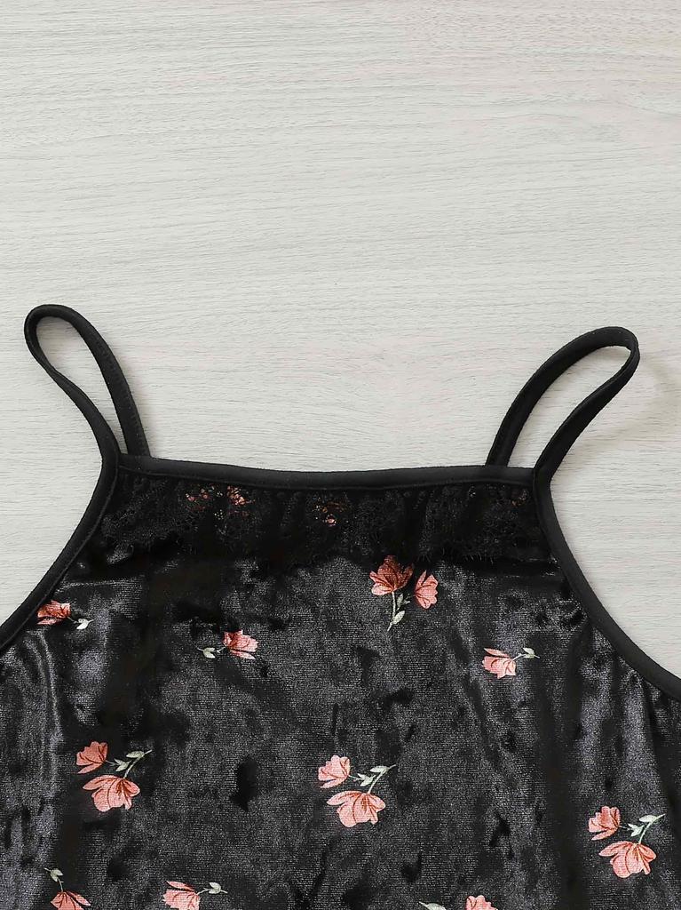 Girls Summer Spaghetti Strap Dresses, Soft Floral Printed Black Camisole Dress for Kids 13-16 Years