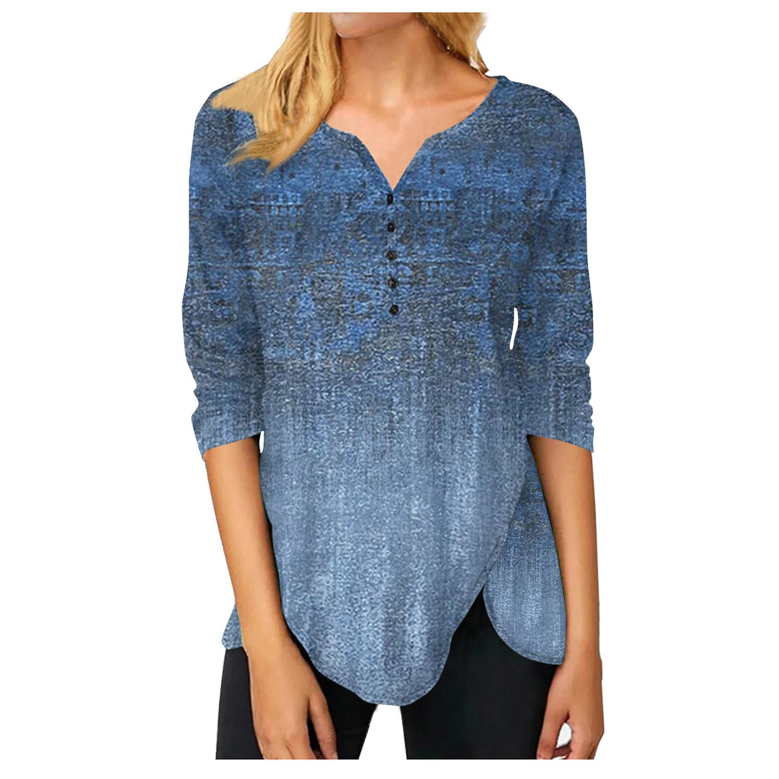 

Women s Casual Color Button V Neck T-Shirt Irregular Hem Long Sleeve Shirt Dressy Fit Casual Tops XXXL