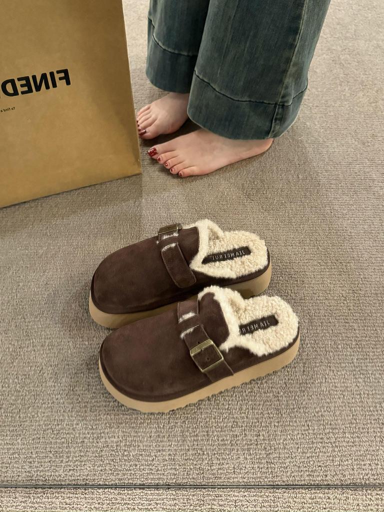 Cowhide version! Thick-soled snow boots increase the height of the bag head and half-drag women's autumn and winter new warm and thickened plush B