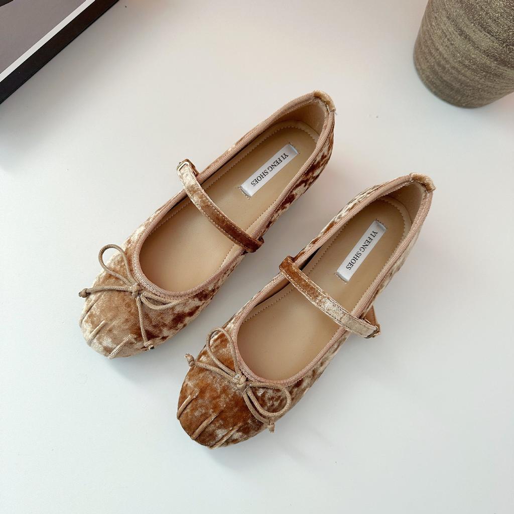 Inner Heightening Women's Shoes French Suede Bow Pig Nose Ballet Single Shoes Women's One-word Buckle Strap Flat Mary Jane Shoes