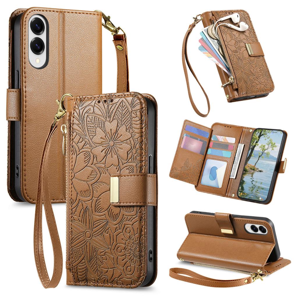 For Samsung Galaxy S25 Kantdeksel Blomstermønster Flere Kortplasser Glidelås Skinn Telefondeksel med Håndleddsstropp