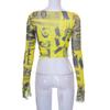 Frauen Casual Langarm T-shirt Mode Druck Mesh Garn Freigelegten Nabel Split Tops